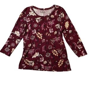 Investments Essentials Womens Burgundy Floral 3/4 Sleeve Scoop Neck Top Size M